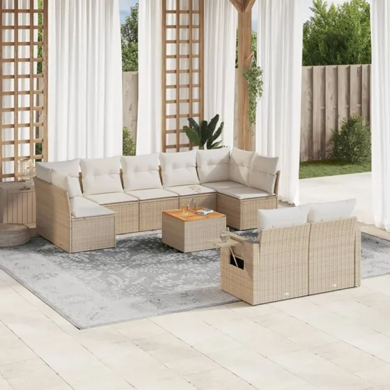 Havesofasæt 10 dele i beige polyrattan med hynder