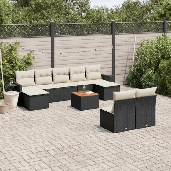 Havesofasæt 10 dele i sort polyrattan med hynder