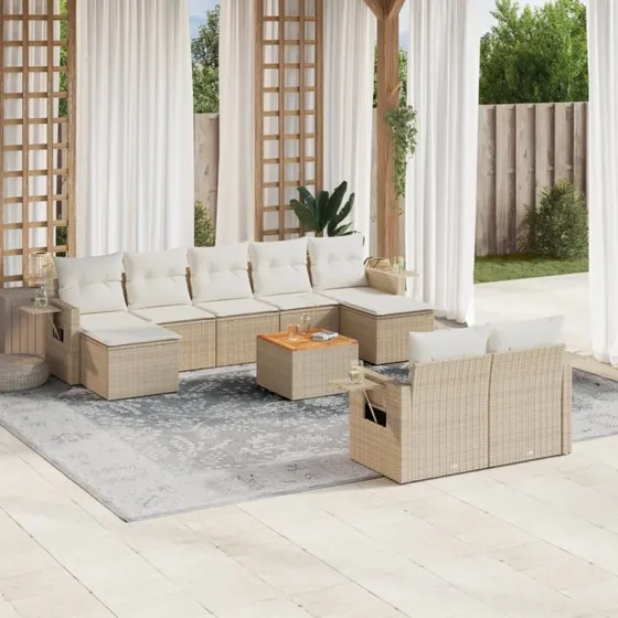 Sofasæt til haven 10 dele i polyrattan med hynder, beige