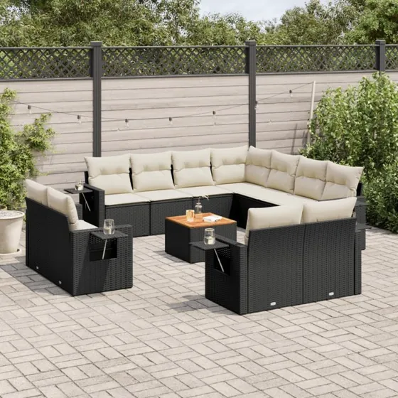 Sofasæt til haven 12 dele i sort polyrattan med hynder