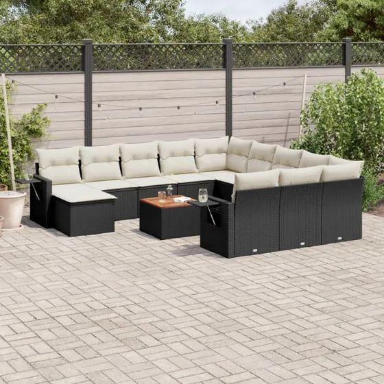 Havesofasæt 13 dele polyrattan sort m. hynder