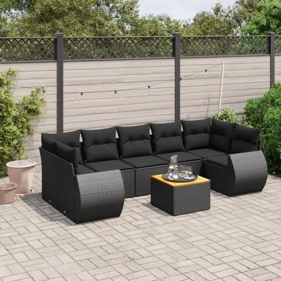 Sofasæt til haven 8 dele i sort polyrattan inkl. hynder