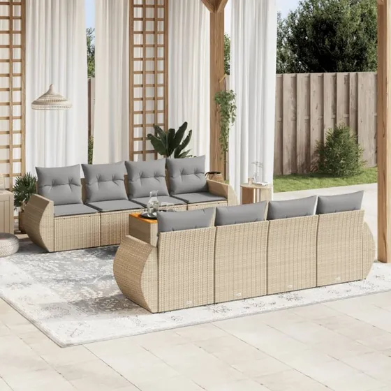 Havesofasæt 9 dele i beige polyrattan med hynder