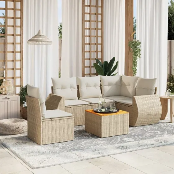 Sofasæt til haven 6 dele i beige polyrattan med hynder