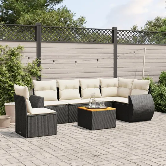 Havesofasæt 7 dele i sort polyrattan med hynder