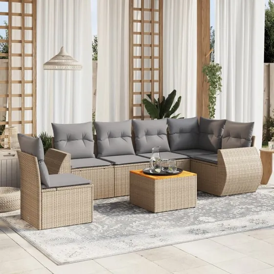 Havesofasæt 7 dele i polyrattan med hynder – beige