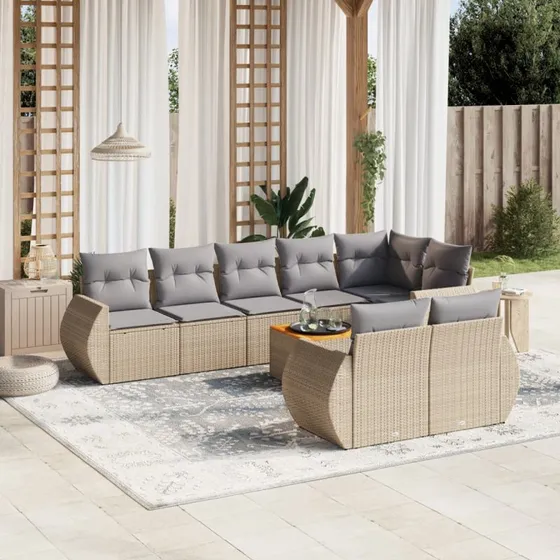 Havesofasæt 9 dele i polyrattan med hynder - beige