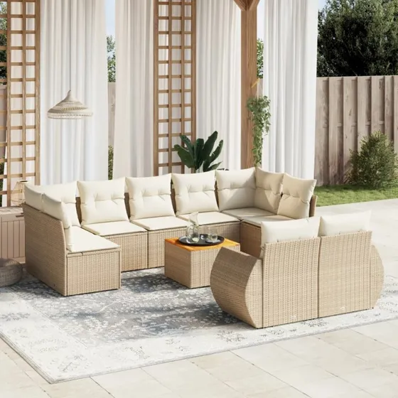 Havesofasæt 10 dele i polyrattan med hynder, beige