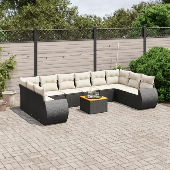 Havesofasæt 11 dele i sort polyrattan med hynder