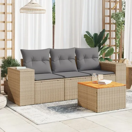 Havesofasæt 4 dele i polyrattan med hynder, beige