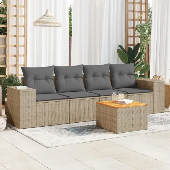 Havesofa sæt 5 dele i polyrattan med hynder – beige