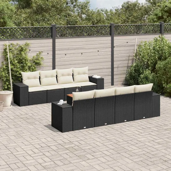Havesofasæt 9 dele i sort polyrattan med hynder