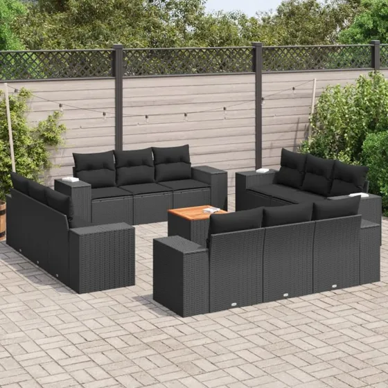 Havesofasæt i polyrattan 13 dele med hynder, sort