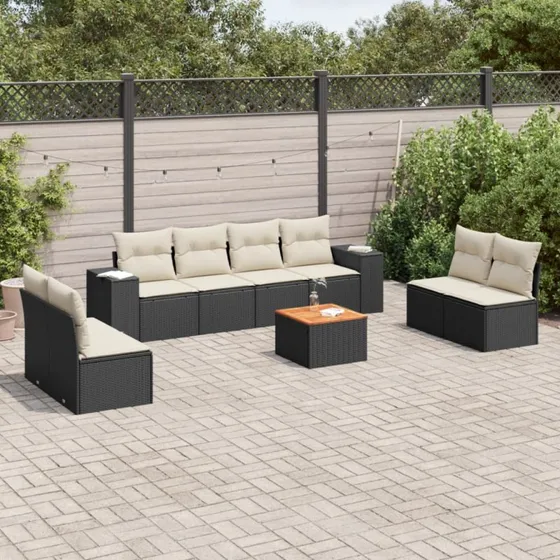 Sofasæt til haven 9 dele i sort polyrattan m. hynder