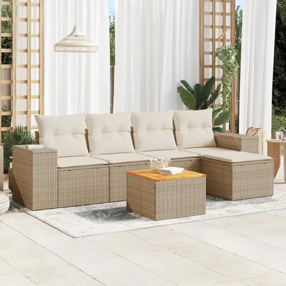 Havesofasæt 6 dele i beige polyrattan med hynder