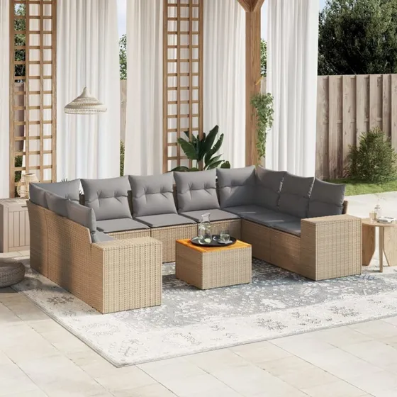 Havesofasæt 10 dele beige polyrattan med hynder