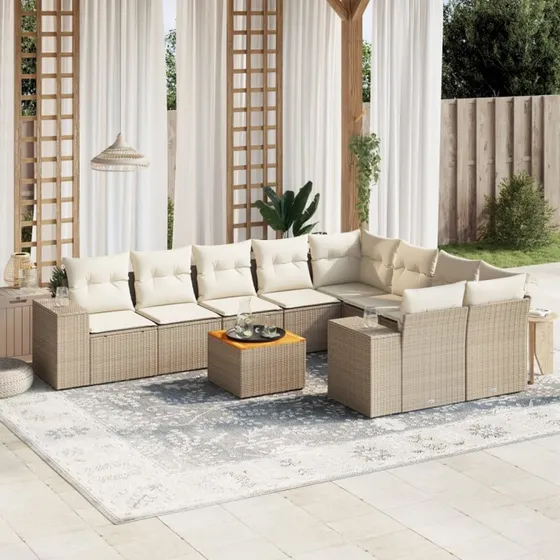 10-dele polyrattan havemøbelsæt med hynder – beige