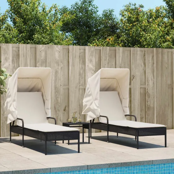 Liggestole 2 stk. med baldakin og bord - sort polyrattan