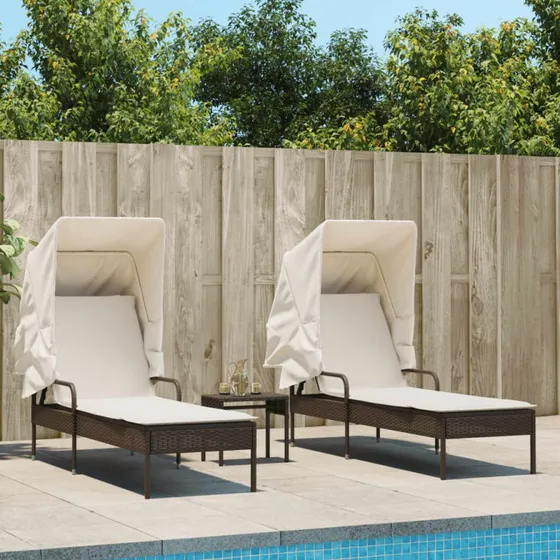 2 stk. liggestole i polyrattan med baldakiner og bord - brun