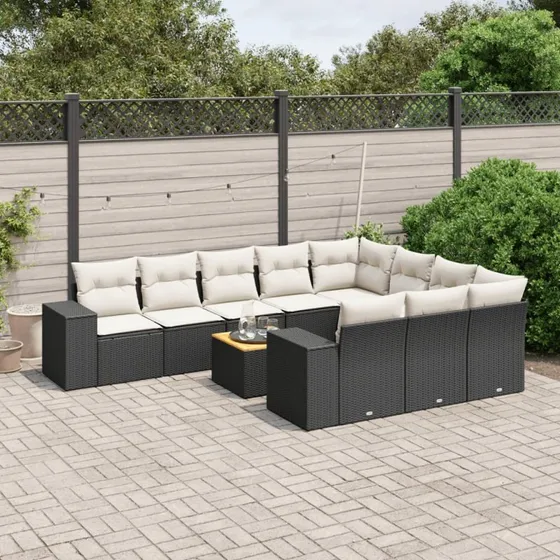 Havesæt 11 dele i sort polyrattan med hynder