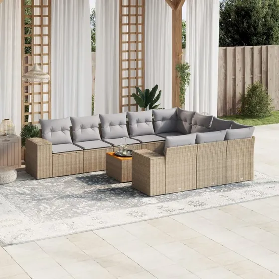11-dele sofasæt i polyrattan med hynder - Beige