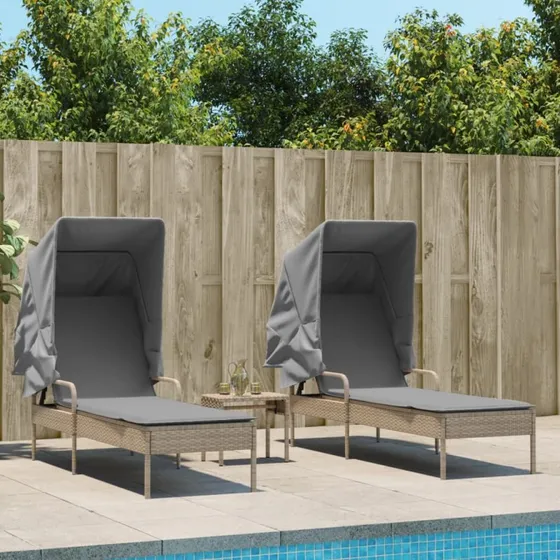 Liggestole 2 stk. med baldakin og bord i polyrattan - beige