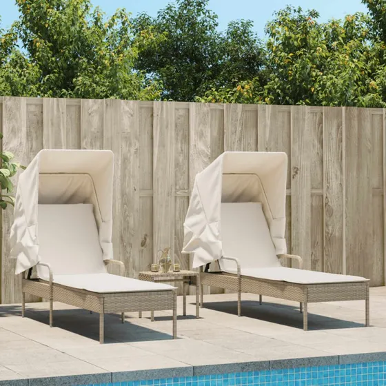 Liggestole 2 stk. med baldakin og bord i polyrattan (beige)