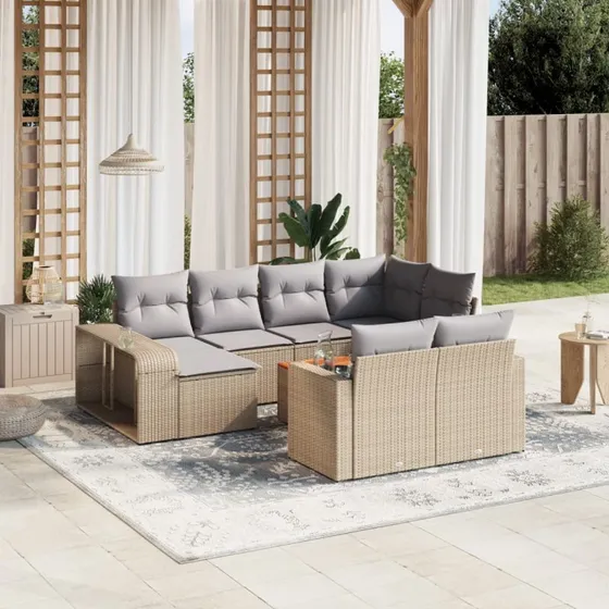 Havesofasæt 11 dele i polyrattan – beige med hynder