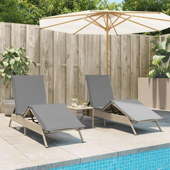 Liggestole 2 stk. med hynder i polyrattan, beige