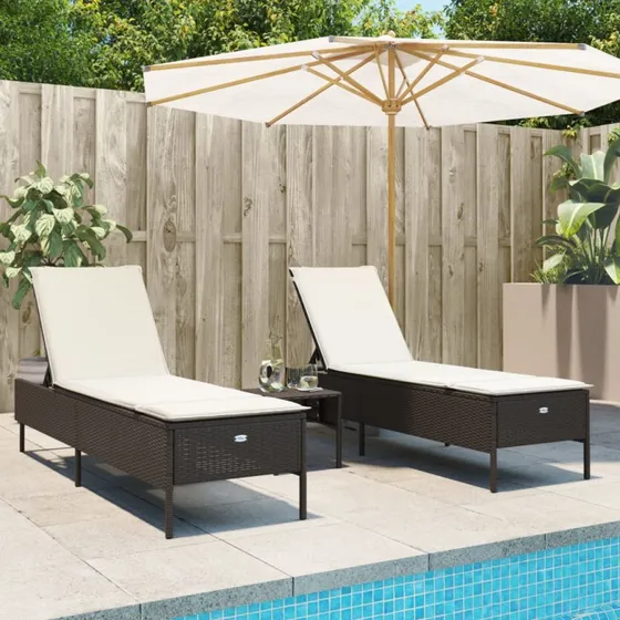 Liggestole 2 stk. i polyrattan med hynder, brun