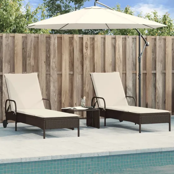 Liggestole i polyrattan 2 stk. med hynder – brun