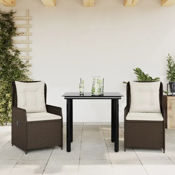 Spisebordssæt i polyrattan 3 dele med hynder - brun