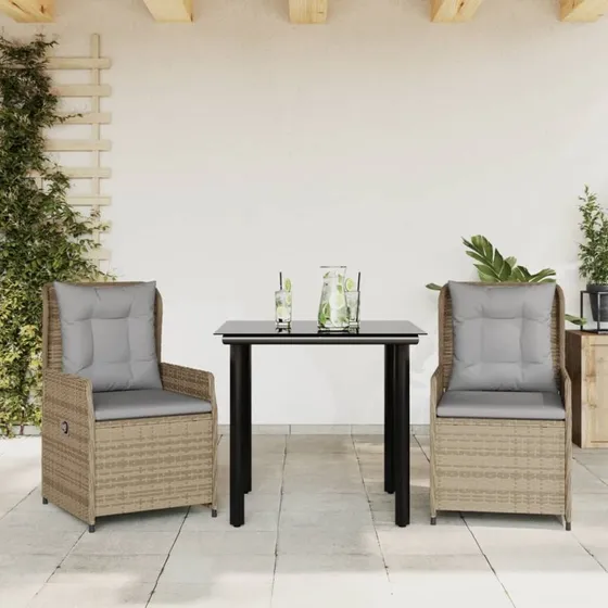Spisebordssæt havemøbler 3 dele i beige polyrattan med hynder
