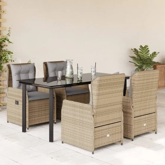Polyrattan spisebordssæt til haven 5 dele med hynder, beige