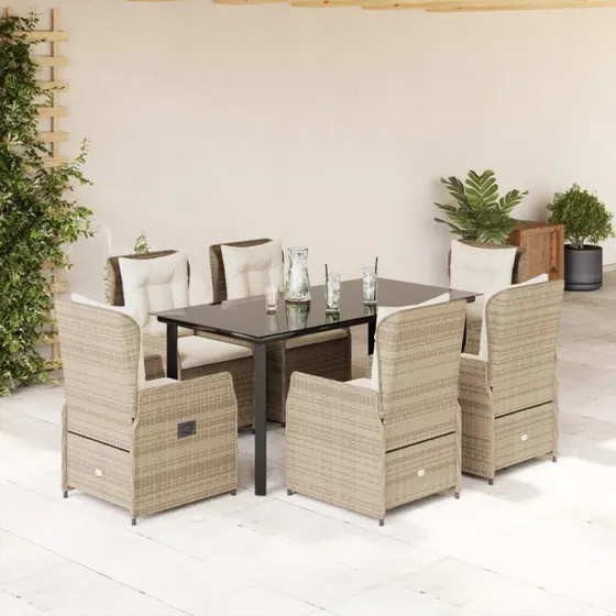 Havemøbelsæt 7 dele i beige polyrattan med hynder