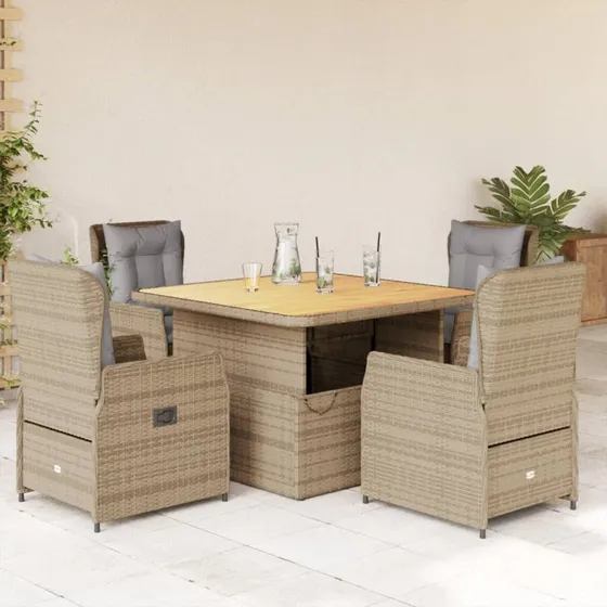 Havesæt i polyrattan 5 dele med hynder, beige