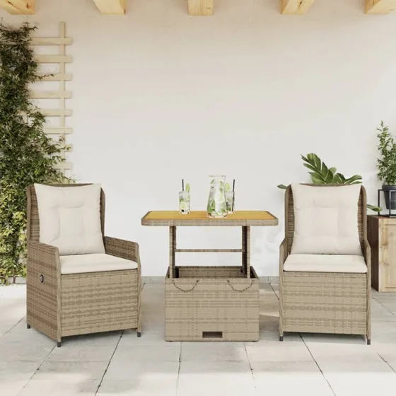 Bistrost i polyrattan 3 dele med hynder - beige