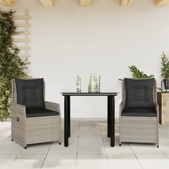 Spisebordssæt til haven 3 dele i lysegrå polyrattan med hynder