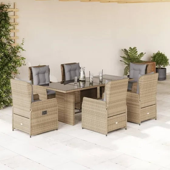 Spisebordssæt i polyrattan 7 dele med hynder - beige