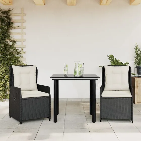 Havemøbelsæt 3 dele i sort polyrattan med hynder
