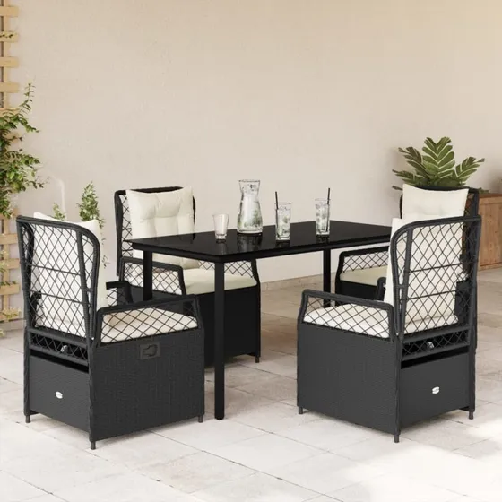 Spisebordssæt i polyrattan 5 dele sort med hynder