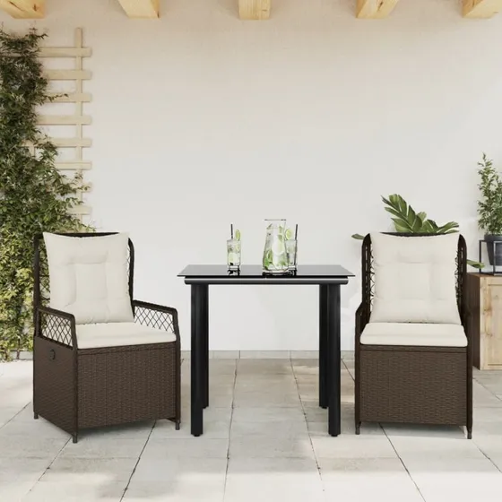 Spisebordssæt i polyrattan 3 dele med hynder, brun