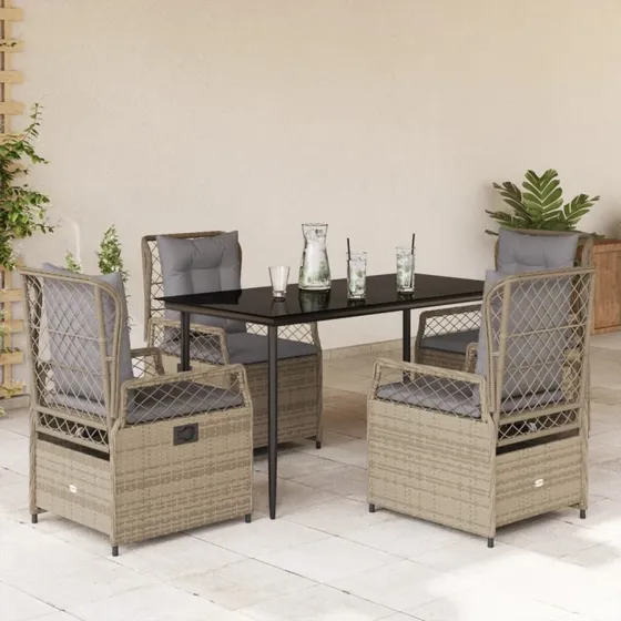Spisebordssæt 5 dele i polyrattan beige med hynder