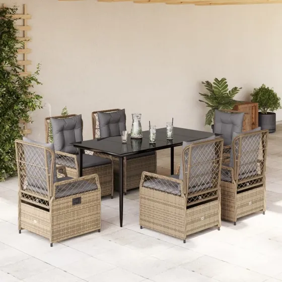 Spisebordssæt i polyrattan 7 dele med hynder - beige