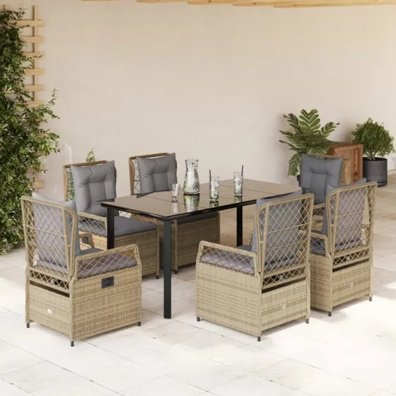 7-dele spisebordssæt i polyrattan med hynder – beige