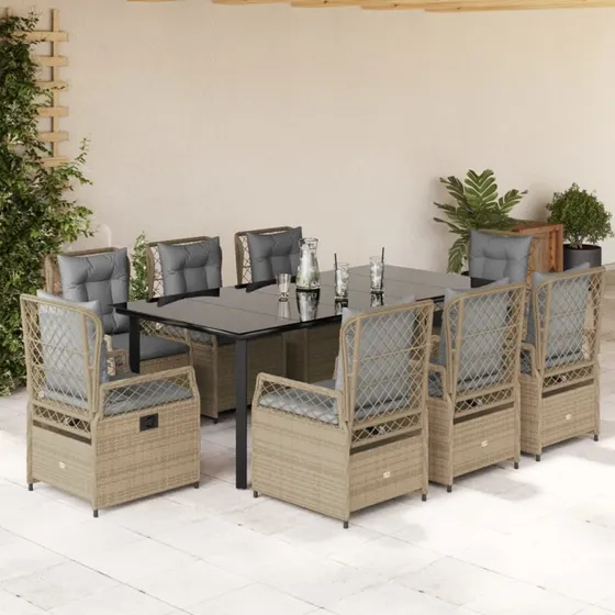 Spisebordssæt til haven 9 dele med hynder, beige polyrattan