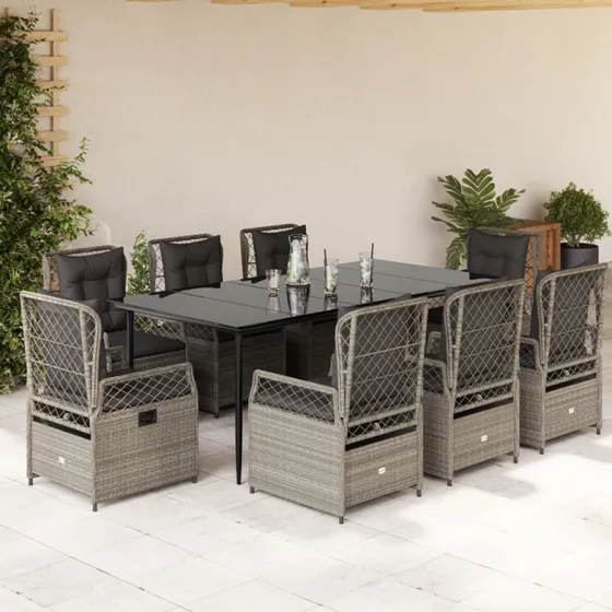 Spisebordssæt i polyrattan 9 dele med hynder – lys grå