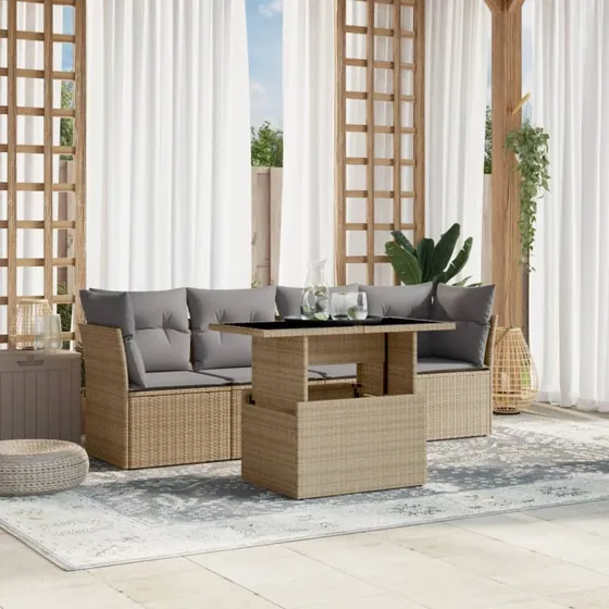 5-dele havemøbel sofasæt i polyrattan med hynder, beige