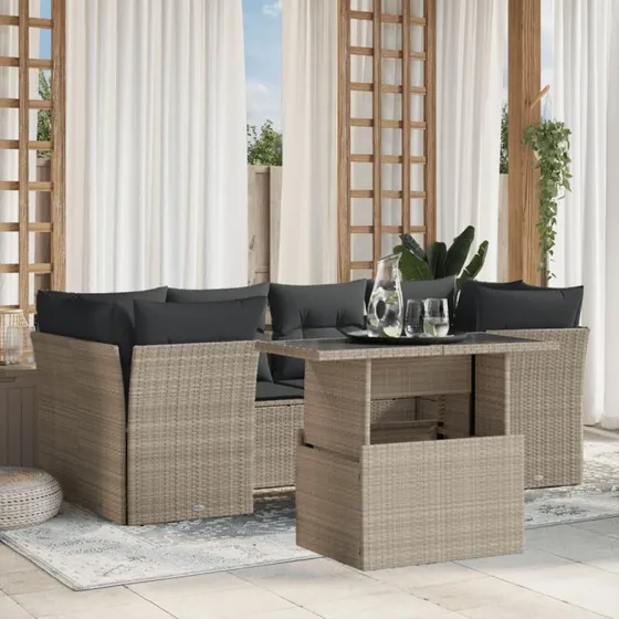 Havesofasæt 7 dele i polyrattan lysegrå med hynder