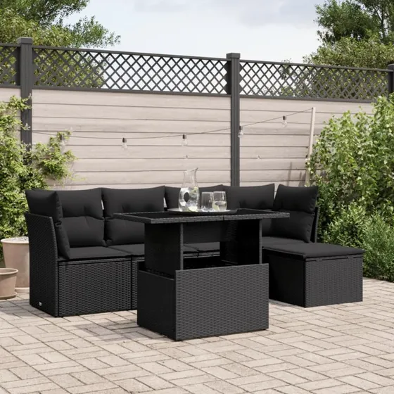 Havesofasæt 6 dele i sort polyrattan inkl. hynder